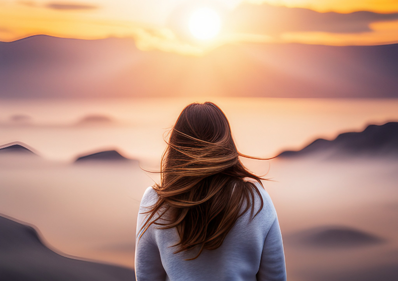 Woman looking at sunset over mountain silhouettes